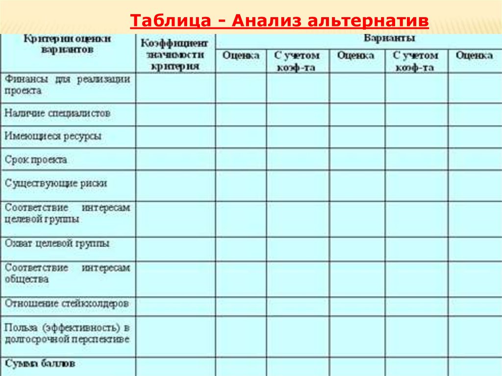 Анализ альтернативных проектов