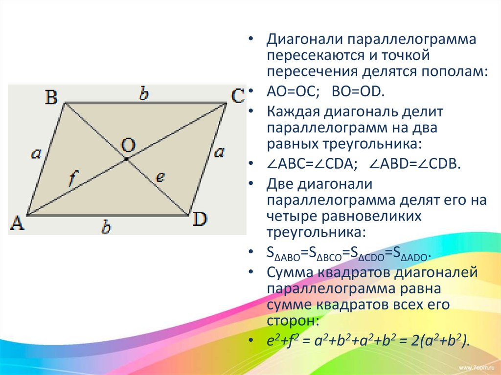 Произведение диагоналей пополам. Диагонали параллелограмма точкой пересечения делятся. Диагонали параллелограмма точкой пересечения делятся пополам. Точка пересечения диагоналей параллелограмма. Диоганали точкоц пересечения делиться пополам.