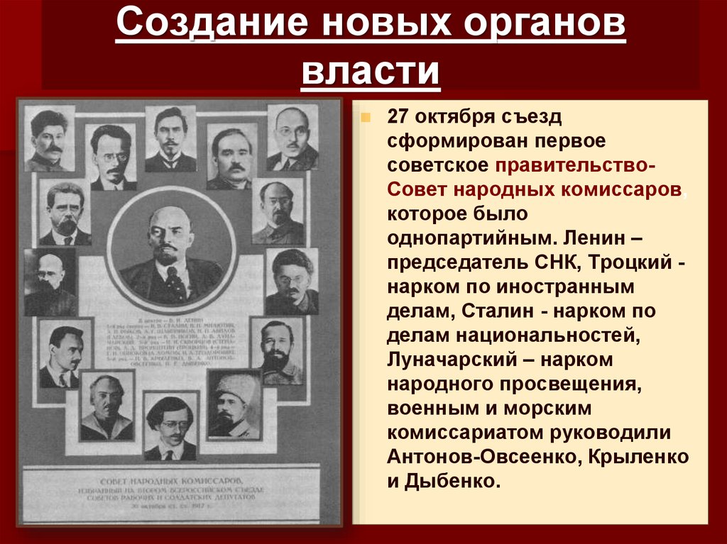 Формирование новых органов власти. Первое советское правительство – СНК возглавил:. Совет народных Комиссаров РСФСР. Состав первого советского правительства СНК. Совет народных Комиссаров возглавил.