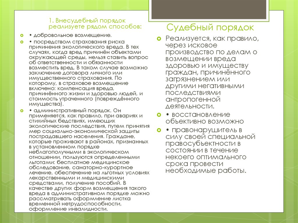 Иски о компенсации вреда окружающей среде. Внесудебный порядок. Порядок компенсации вреда окружающей среде. Порядок возмещения экологического вреда добровольное. Право на возмещение вреда окружающей среде.