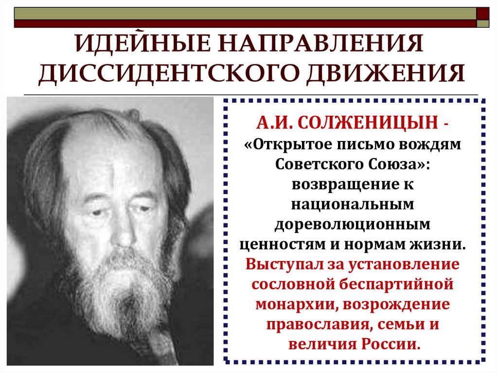 Кого называли диссидентами. Солженицын диссидентское движение. Солженицын письмо вождям советского Союза. Направления диссидентского движения. Зарождение диссидентского движения.