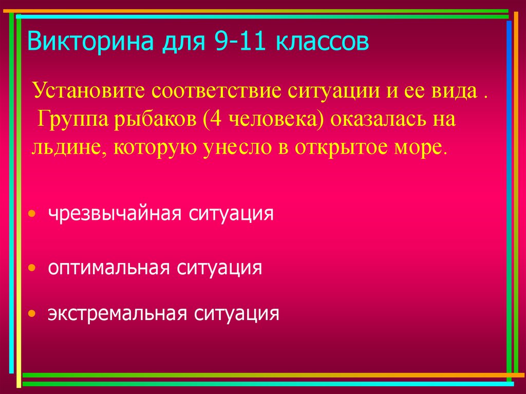 Оптимальная ситуация это. Викторина для 4 класса по экстремальным ситуациям. Установите соответствующие ситуации и её вида группа рыбаков. 7 Класс презентация соответствие ситуации.