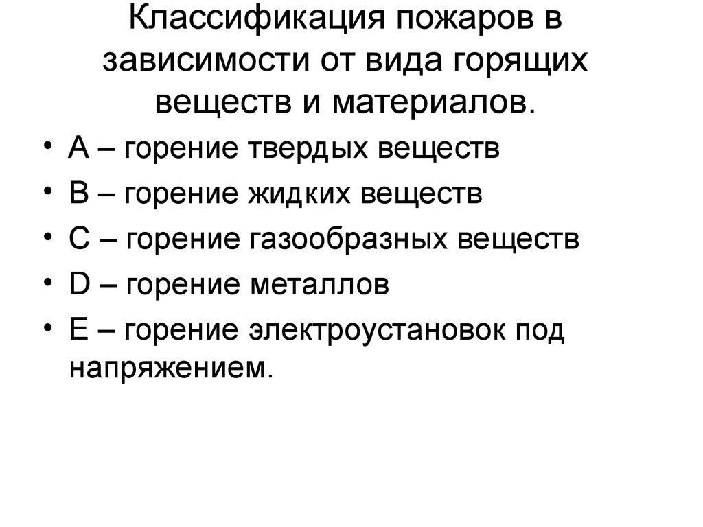 Классы горящих веществ. Классификация пожаров по виду горючего. Виды пожаров в зависимости от горящего материала.