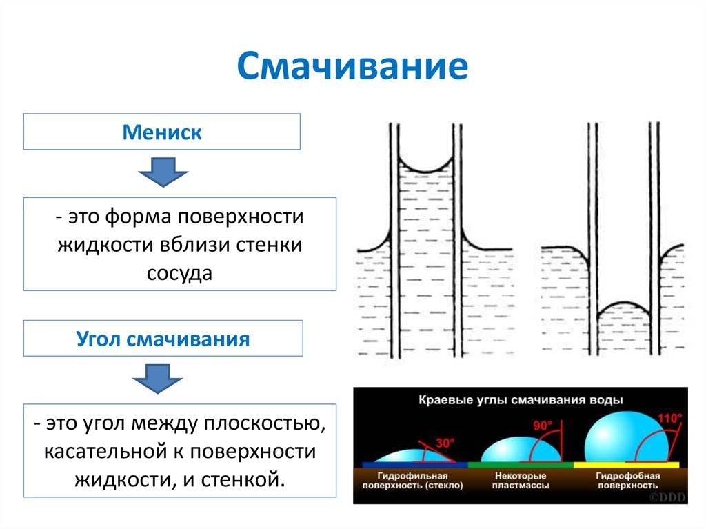 Мениск жидкости. Форма мениска при смачивании. Смачивание поверхности жидкостью. Форма поверхности жидкости. У смачивающей жидкости мениск.