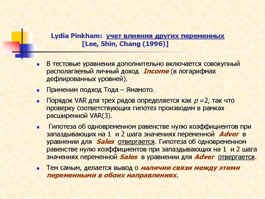 Lydia Pinkham: учет влияния других переменных [Lee, Shin, Chang (1996)]