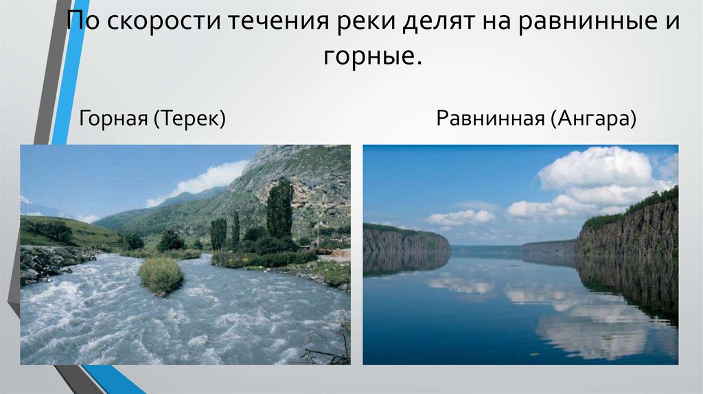 Видеть в течении реки. Терек Горная или равнинная река. Горные и равнинные реки России. Скорость течения равнинных рек. Горные и равнинные реки схема.