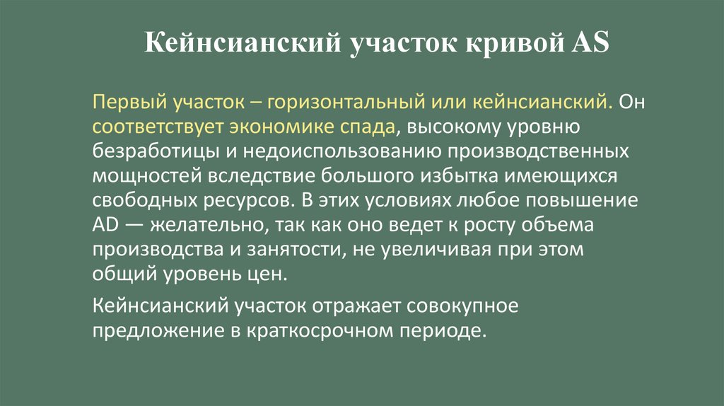 Горизонтальный участок совокупного предложения. Кейнсианский участок промежуточный участок. Совокупное предложение недоиспользование ресурсов.