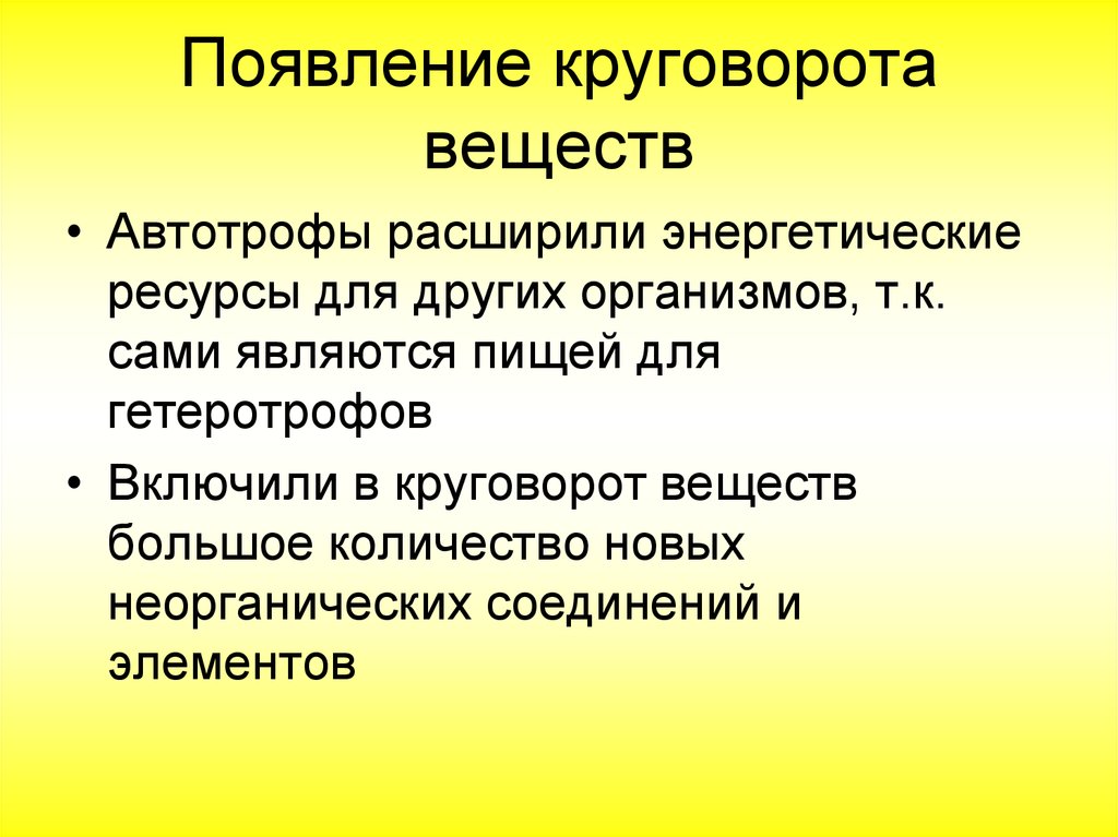 Значение круговорота веществ в природе. Роль гетеротрофов в круговороте веществ. Почвление круговорота веществ. Появление автотрофов. Значение фотосинтеза и биологического круговорота веществ.