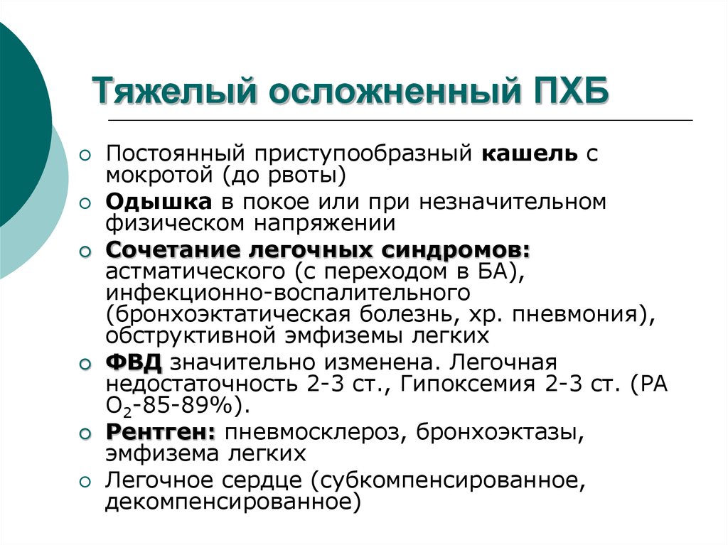 Легко выраженный. Приступообразный кашель. Тяжелое осложное бронхоэктатис.