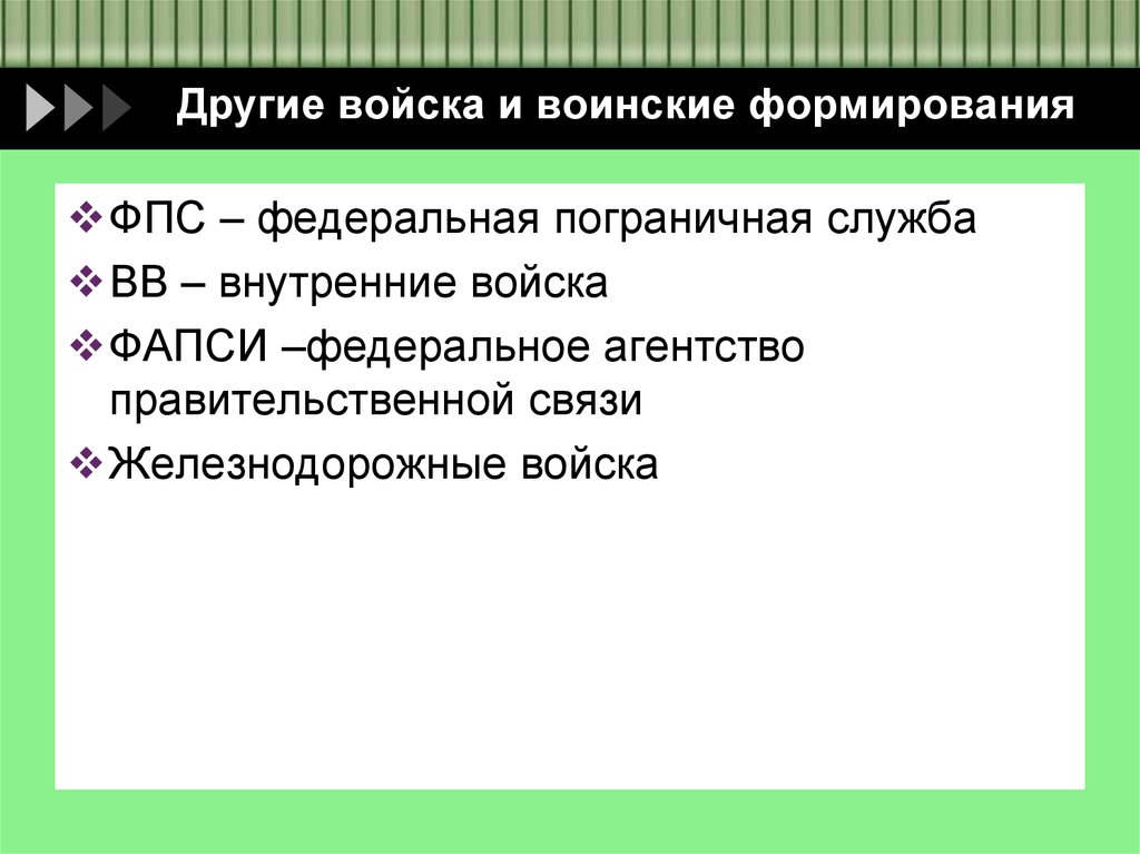 Другие войска воинские формирования и органы привлекаемые к обороне страны презентация