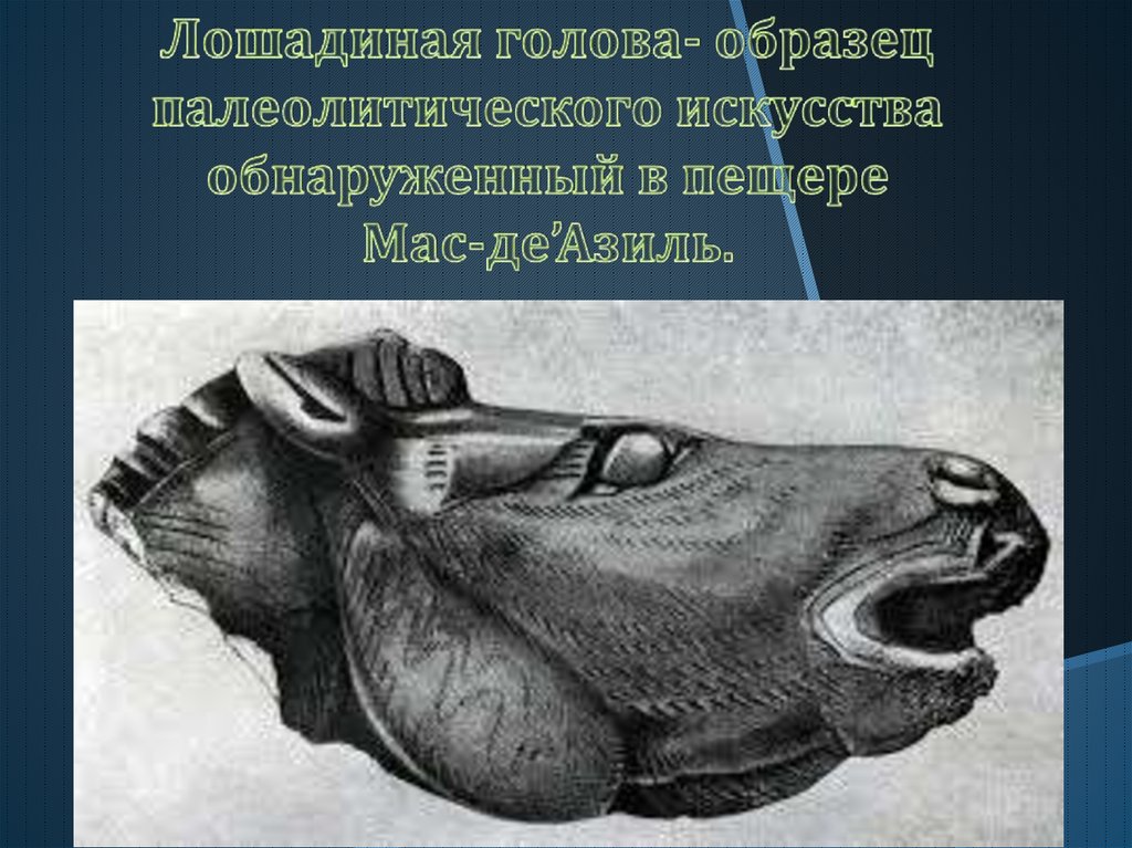 Лошадиная голова- образец палеолитического искусства обнаруженный в пещере Мас-де’Азиль.