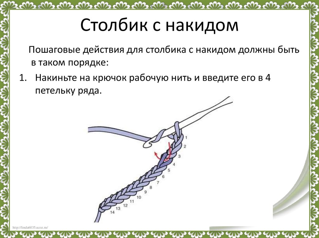Укажите столбик. Столбик с накидом. Столбик с накидом крючком схема. Как сделать столбик с накидом крючком. Техника вязания крючком столбик с накидом.