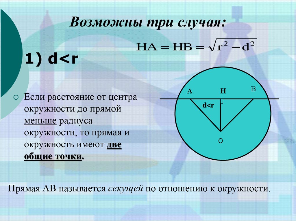 Радиус прямой. Общие точки прямой и окружности. Прямая и окружность имеют две Общие точки. Расстояние от центра окружности. Окружность и прямая имеют две Общие точки если.