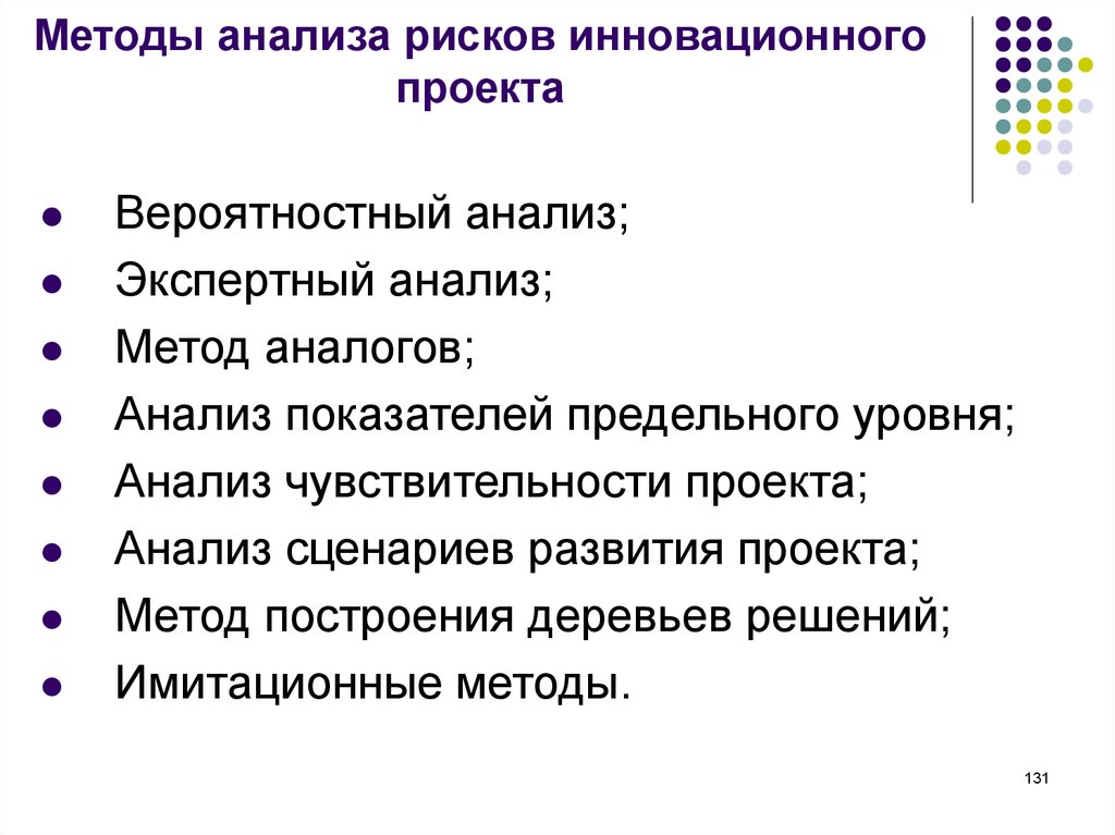 Методы рисков проекта. Методы анализа и оценки инновационных рисков. Алгоритм анализа рисков проекта. Методы анализа. Оценка риска инновационного проекта.