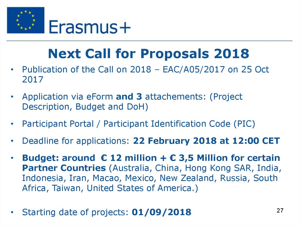 Next Call for Proposals 2018