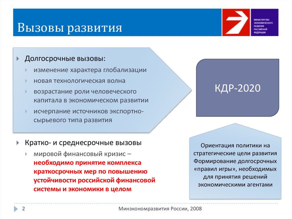 Концепция 2020. Возрастание роли человеческого капитала. Вызовы развития Российской экономики. Человеческий капитал России 2020. Исчерпание источников экспортно-сырьевого типа развития.