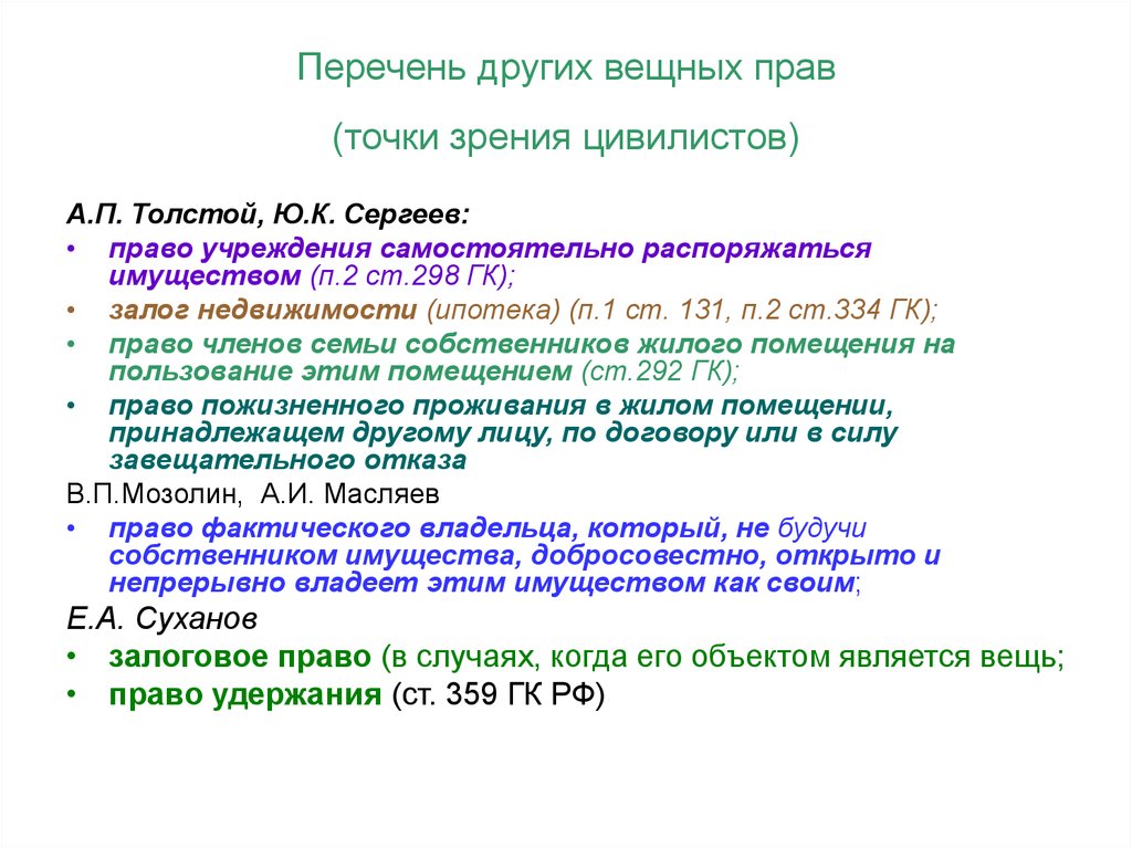 Вещное право в россии. Виды иных вещных прав. Виды объектов вещных прав. Другие виды вещных прав.