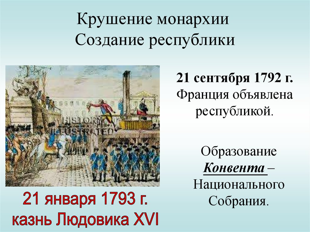 Создание республики. Крушение монархии во Франции 1792. 21 Сентября 1792 образование национального конвента. 21 Сентября 1792 г. - Франция объявлена Республикой. Национальный конвент Франции 1792.