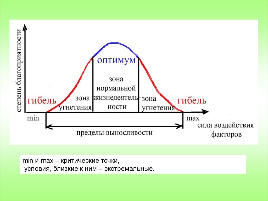 Стадия угнетения. Критическая точка оптимума. Зона угнетения. Пределы выносливости растений. Зона выносливости.