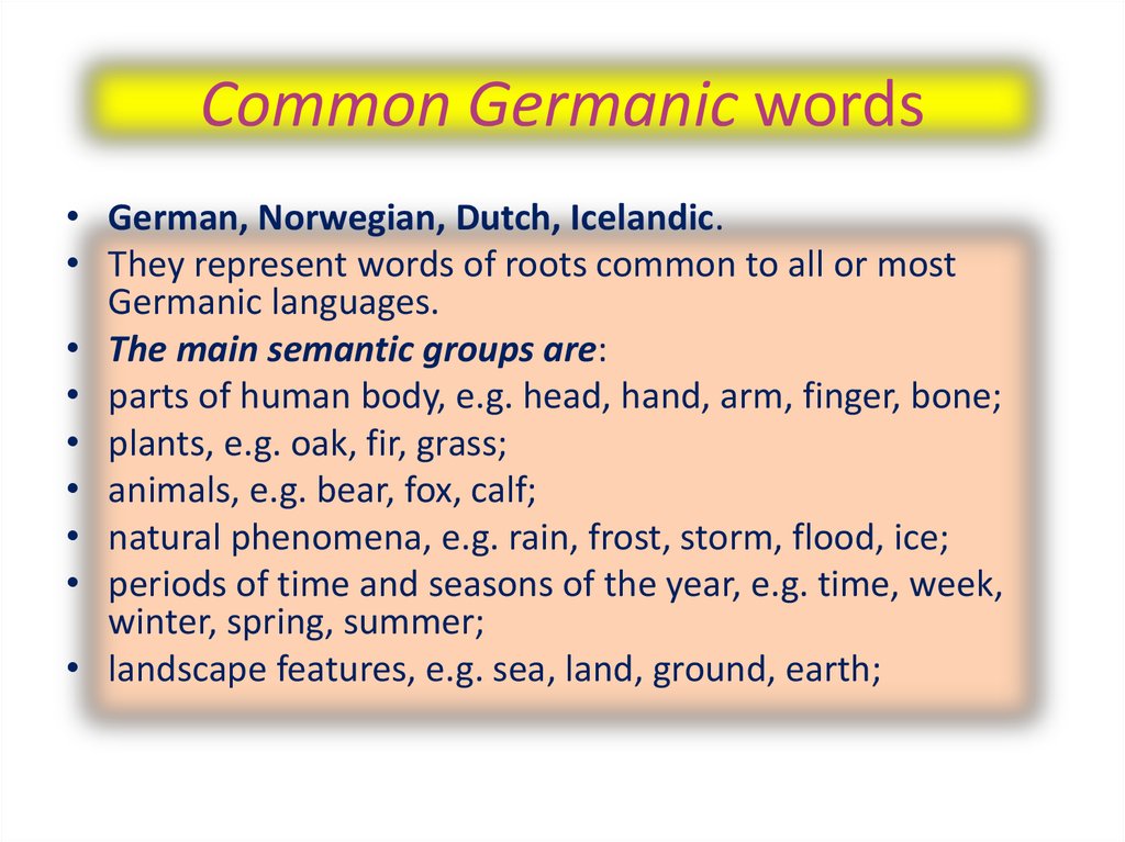 Proper words. Common Germanic languages. Germanic Words. The common Germanic Word-stock. Germanic Origin Words.