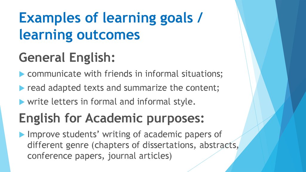 Examples of learning goals / learning outcomes