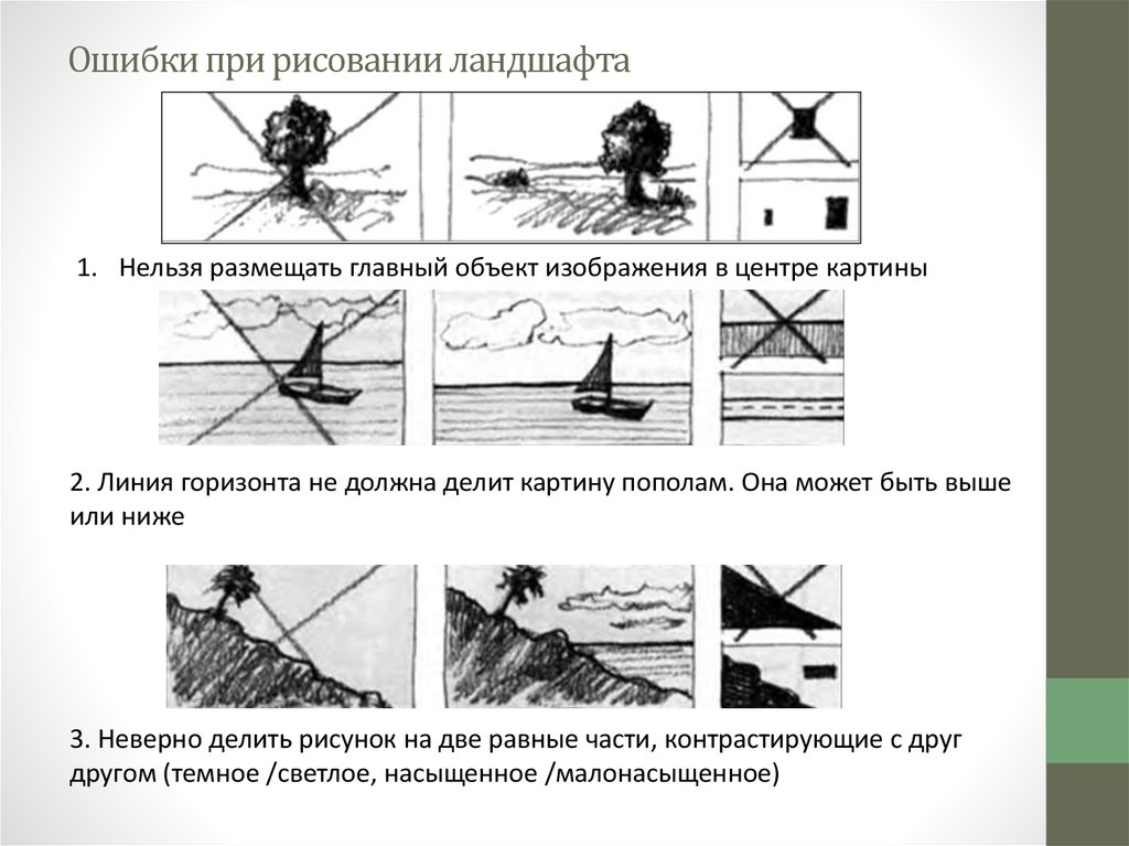 Ошибки пейзаж. Ошибки при рисовании. Ошибки в композиции. Ошибки в композиции пейзажа. Композиционные ошибки в рисунке.