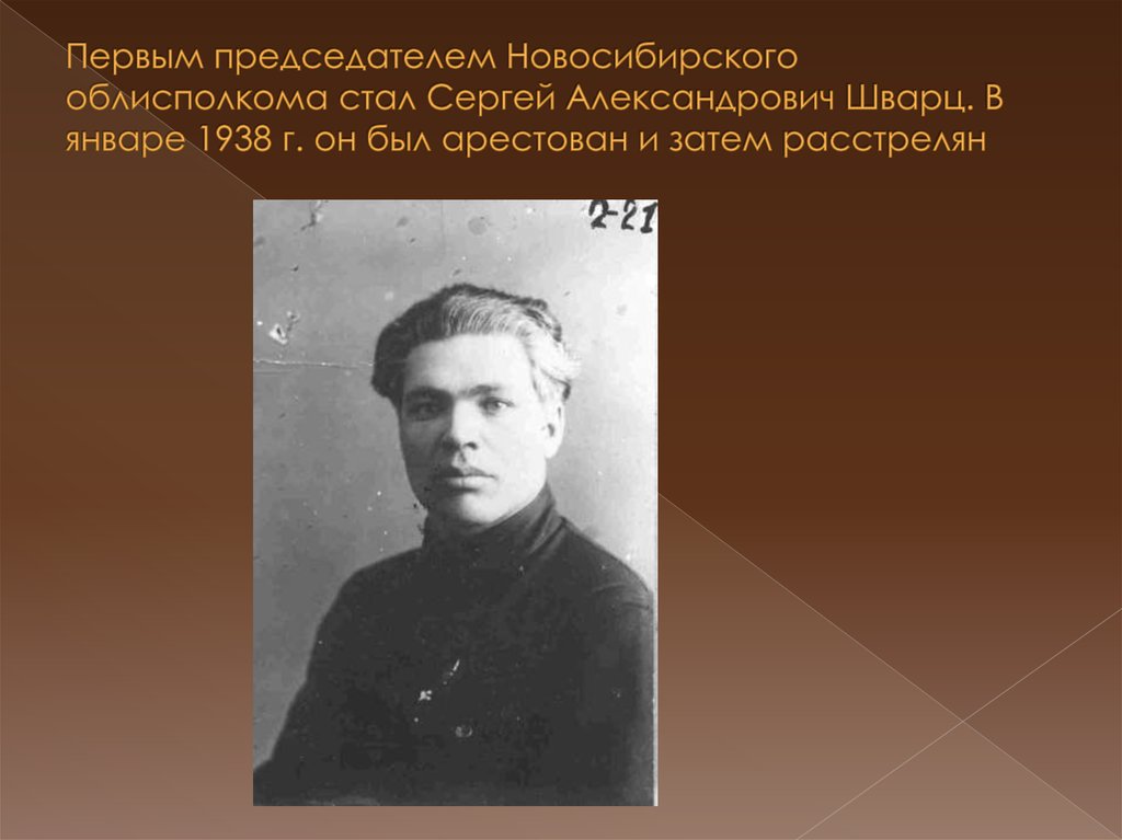 Первым председателем Новосибирского облисполкома стал Сергей Александрович Шварц. В январе 1938 г. он был арестован и затем