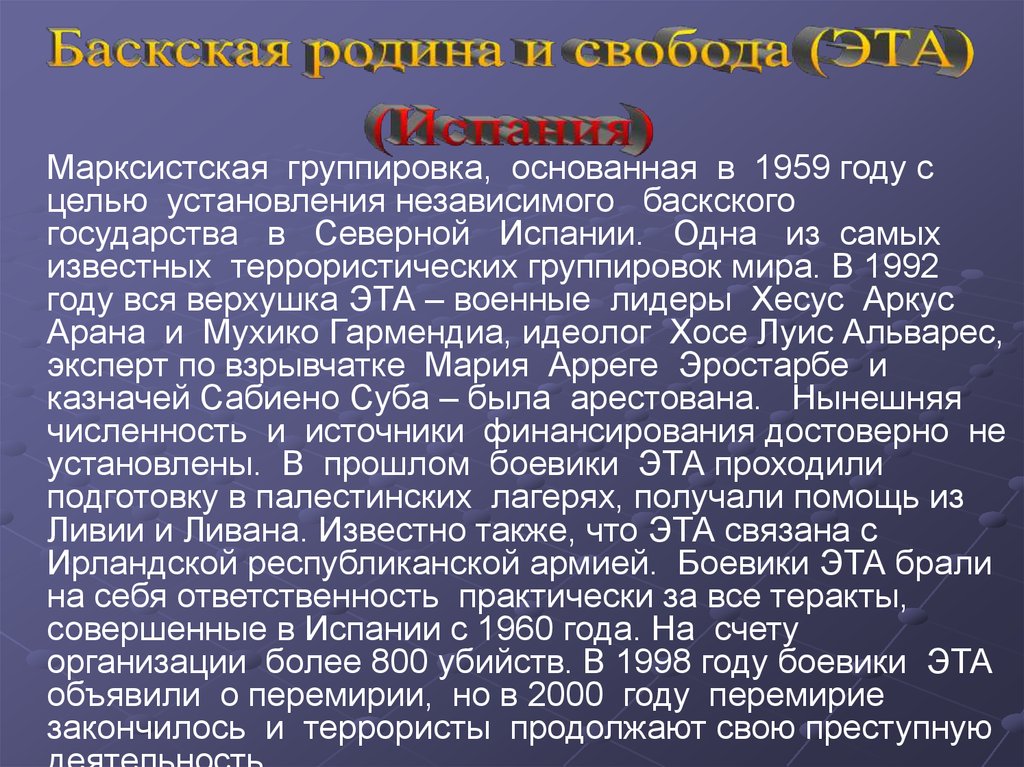 Понятие терроризм впервые. Баскская террористическая организация эта презентация. Марксистская группировка. Баскская Родина. Баскский язык презентация.