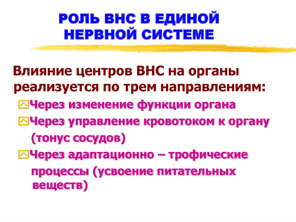 РОЛЬ ВНС В ЕДИНОЙ НЕРВНОЙ СИСТЕМЕ