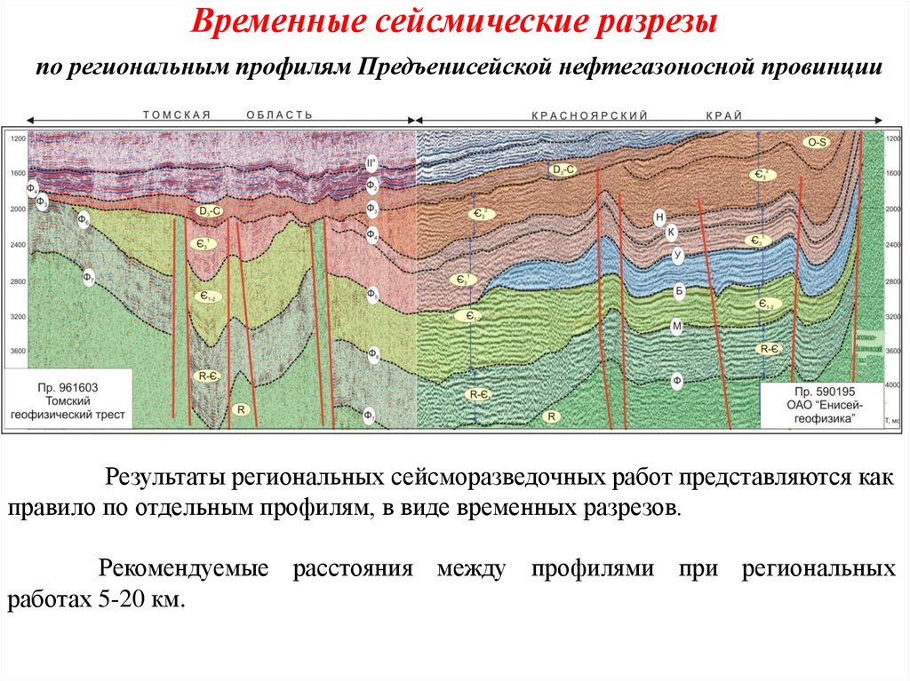 Временные сейсмические разрезы по региональным профилям Предъенисейской нефтегазоносной провинции