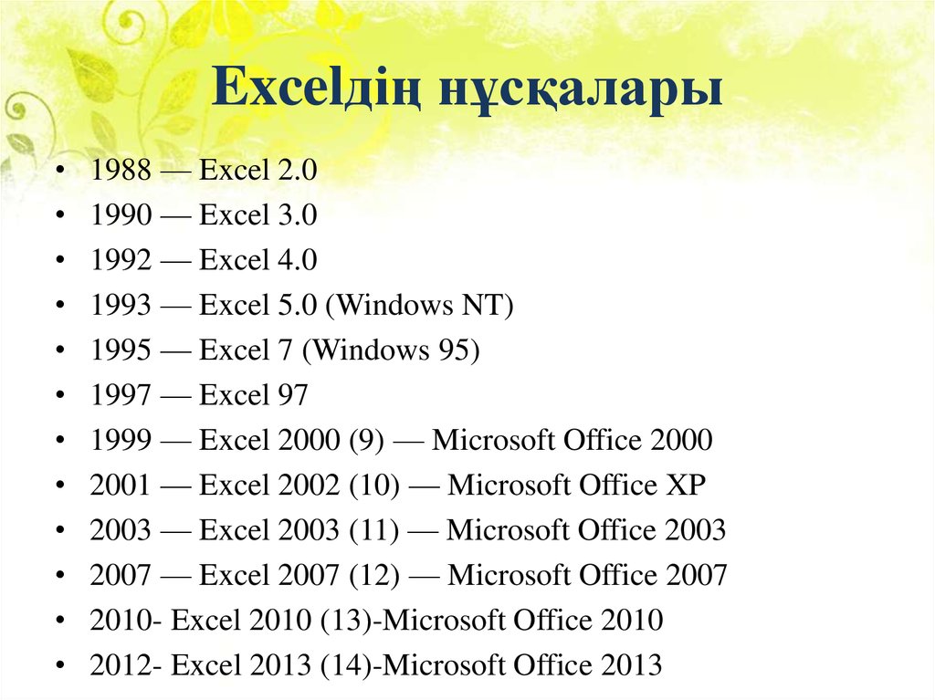 Excelдің нұсқалары