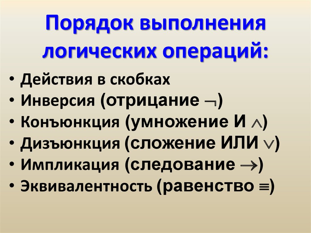 Конъюнкция дизъюнкция инверсия импликация. Порядок действий в логических выражениях Информатика. Логические выражения порядок выполнения логических операций. Последовательность логических операций в информатике. Порядок выполнения логических операций в информатике.