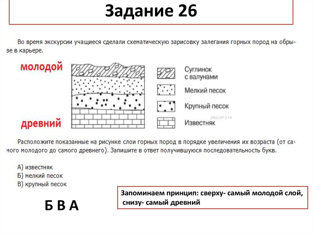 Расположите показанные на рисунке слои горных пород в порядке увеличения их возраста от самого моло