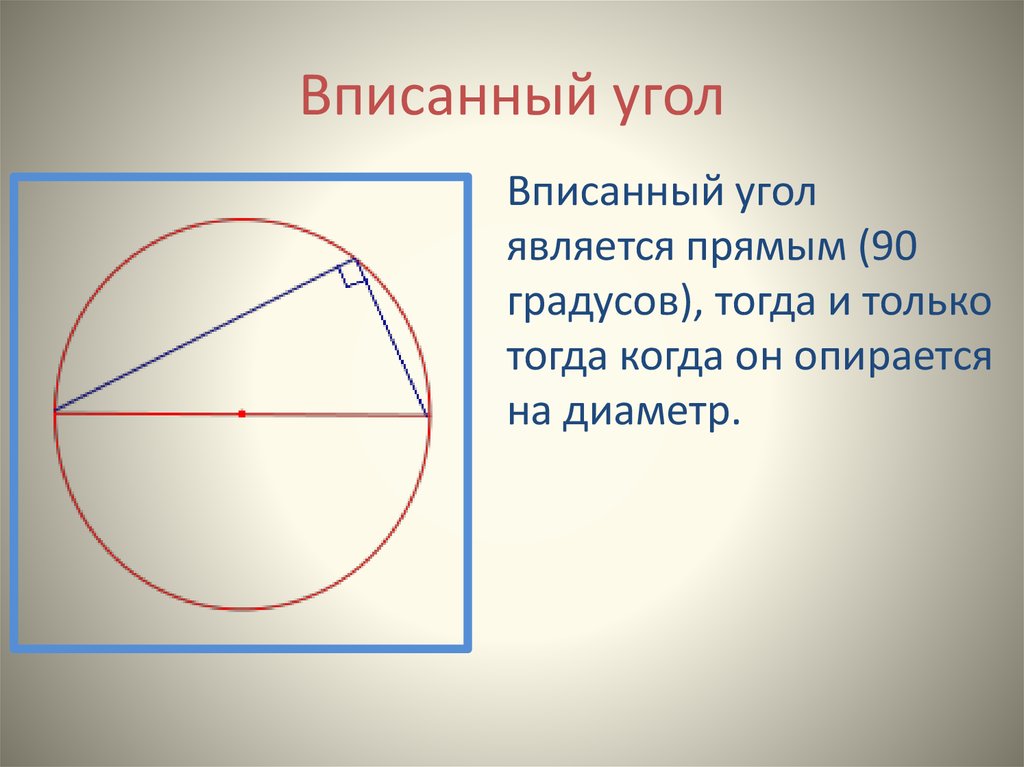 Вписанный угол опирающийся на диаметр окружности равен