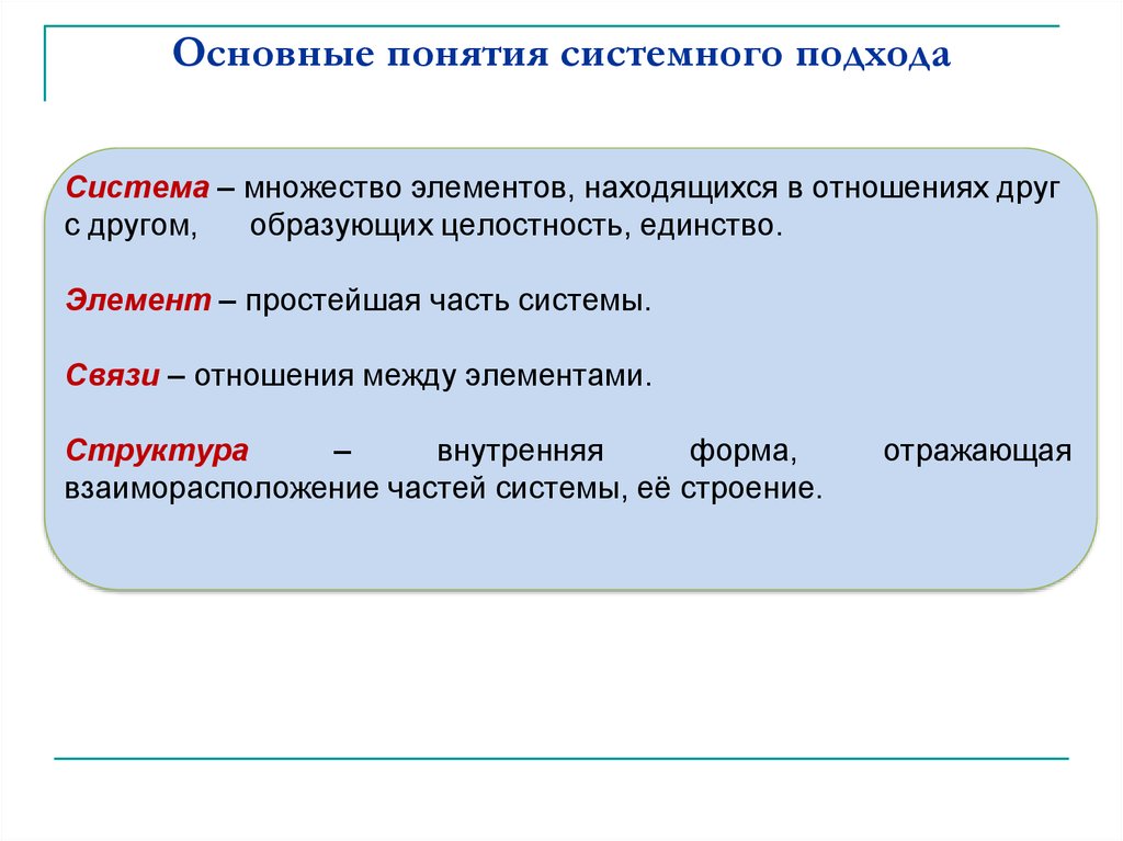 Общий термин. Основные понятия системного подхода. Компоненты системного подхода. Основные понятия системного подхода система элемент. Понятие и сущность системного подхода.