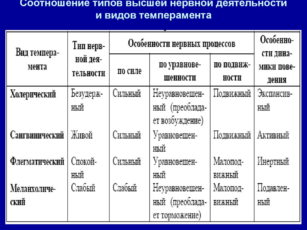 Особенности типов высшей нервной деятельности