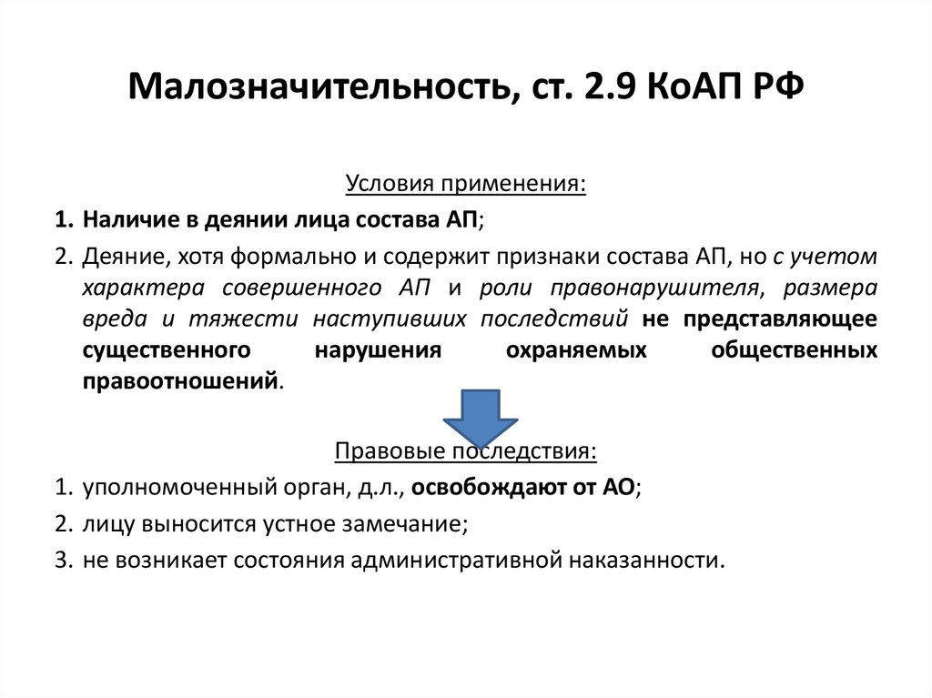 Освобождение от ответственности коап рф. Малозначительность КОАП 2.9 РФ административного правонарушения. Ст 2.9 КОАП РФ. Ст 2 9 КОАП РФ малозначительность. Ст 2.9 КОАП РФ малозначительность административного правонарушения.