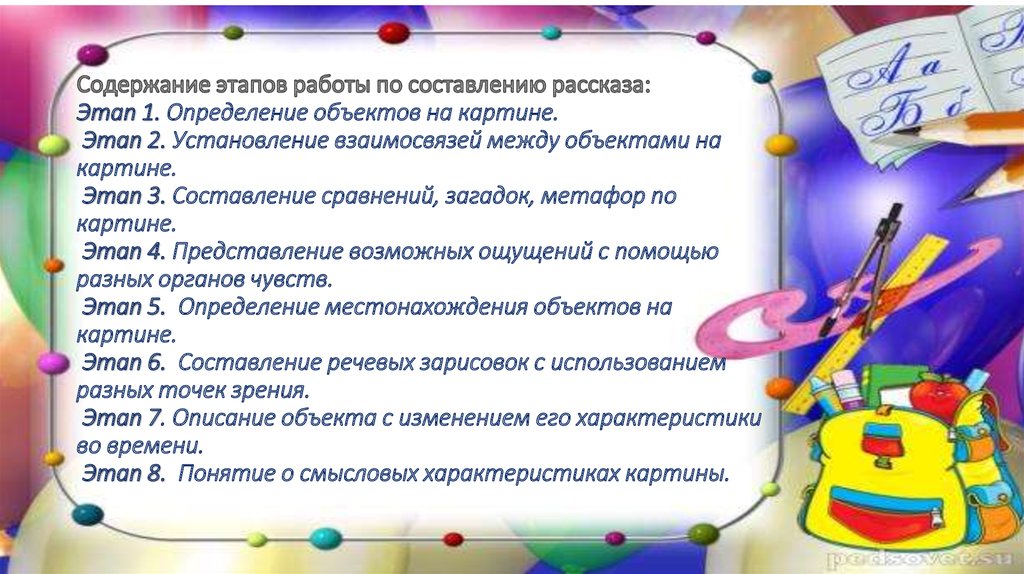 Содержание шаг. Этапы рассказывания истории. Этап 7 и 8 при работе с текстом по речевой зарисовке.