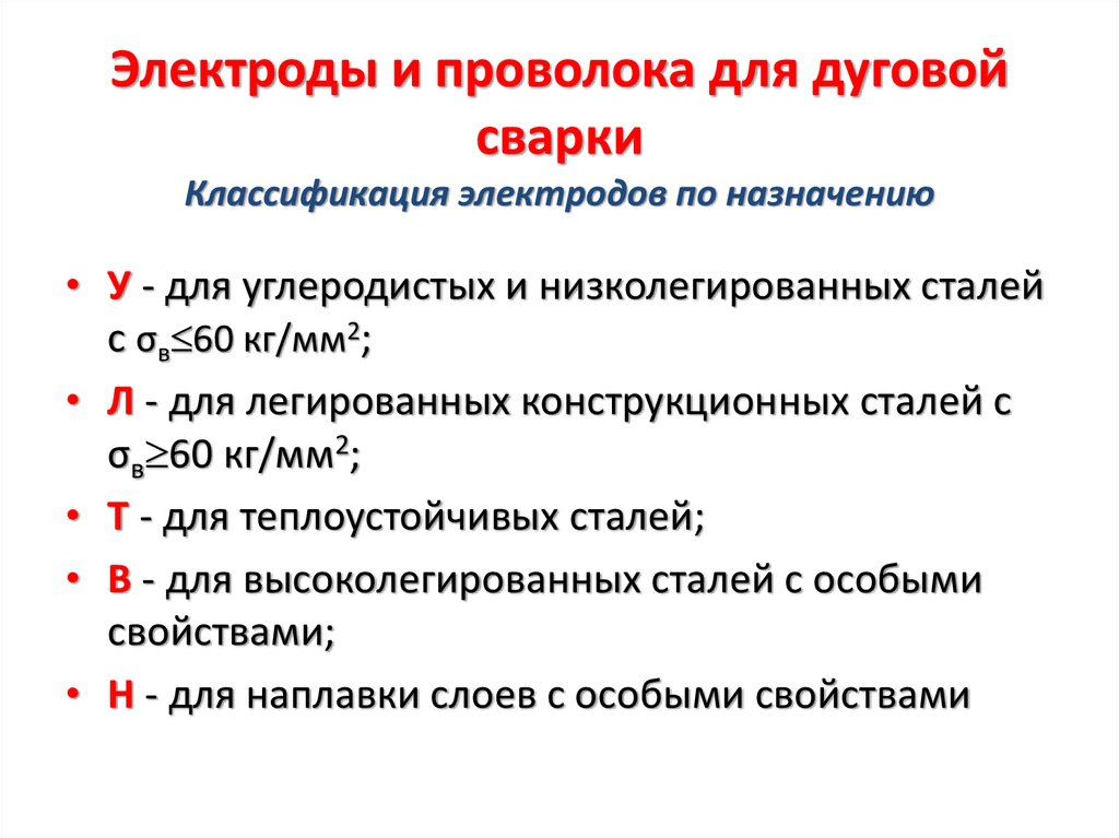 Электроды и проволока для дуговой сварки Классификация электродов по назначению