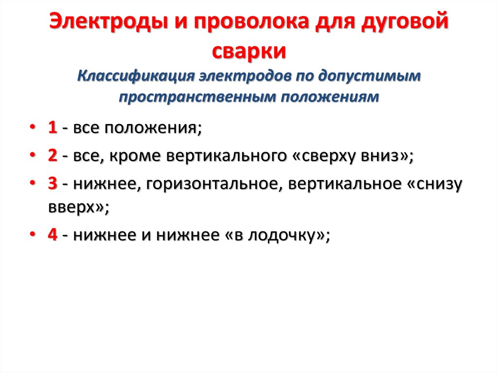 Электроды и проволока для дуговой сварки Классификация электродов по допустимым пространственным положениям