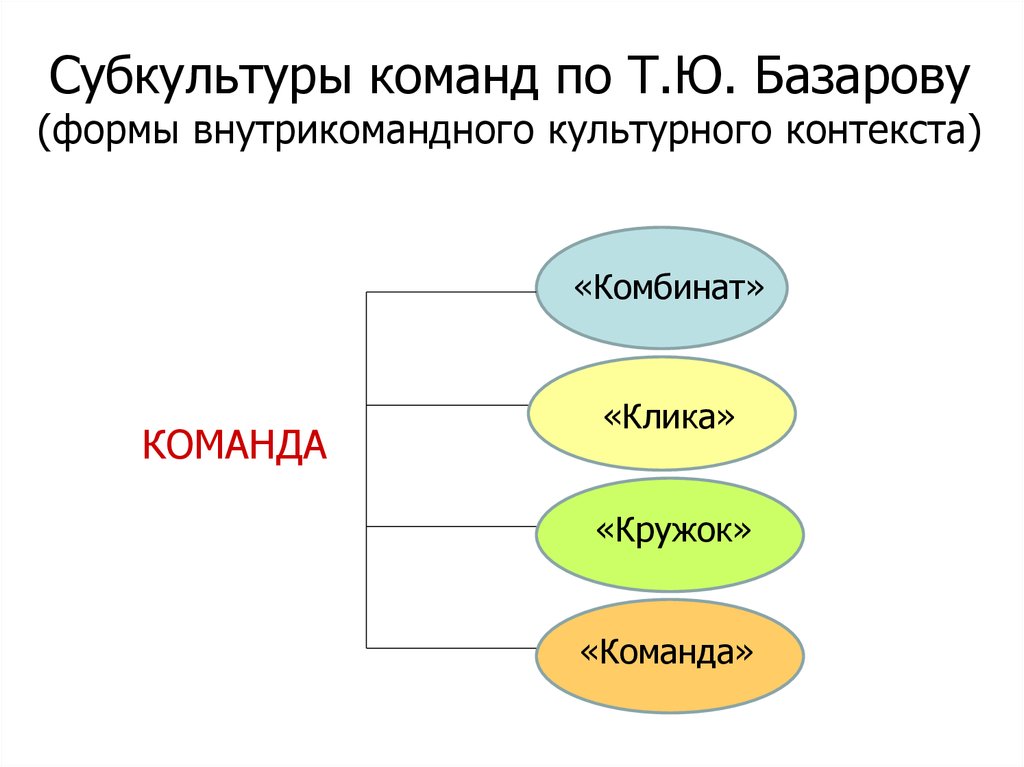 Основной ю. Субкультуры команд. Субкультуры команд по Базарову. Типы команд в организации. Комбинат клика кружок команда.