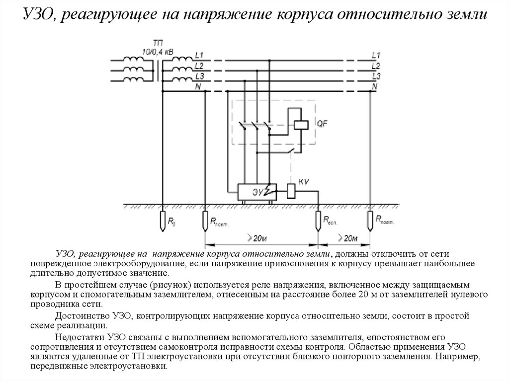 Защитное отключение. Схема УЗО, реагирующего на потенциал корпуса относительно земли.. Схема защитного отключения электроустановки. Схема УЗО, реагирующего на напряжение нулевой последовательности. Устройства реагирующие на напряжение корпуса относительно земли.