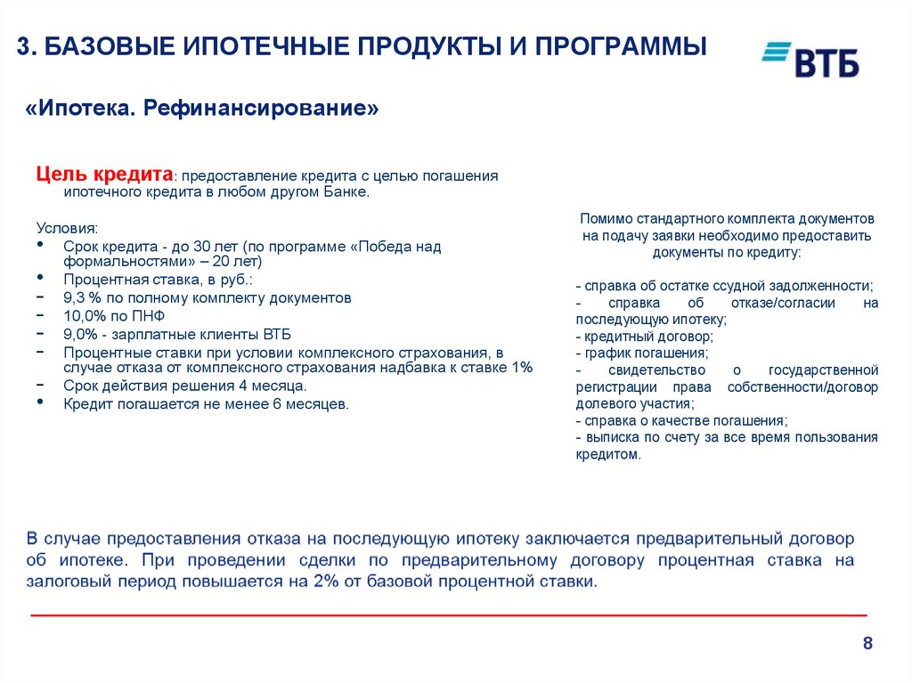 Банк втб досрочное погашение. Ипотечные программы ВТБ. Продукты ипотечного кредитования. Базовые ипотечные программы. Договор ипотечного кредитования ВТБ.