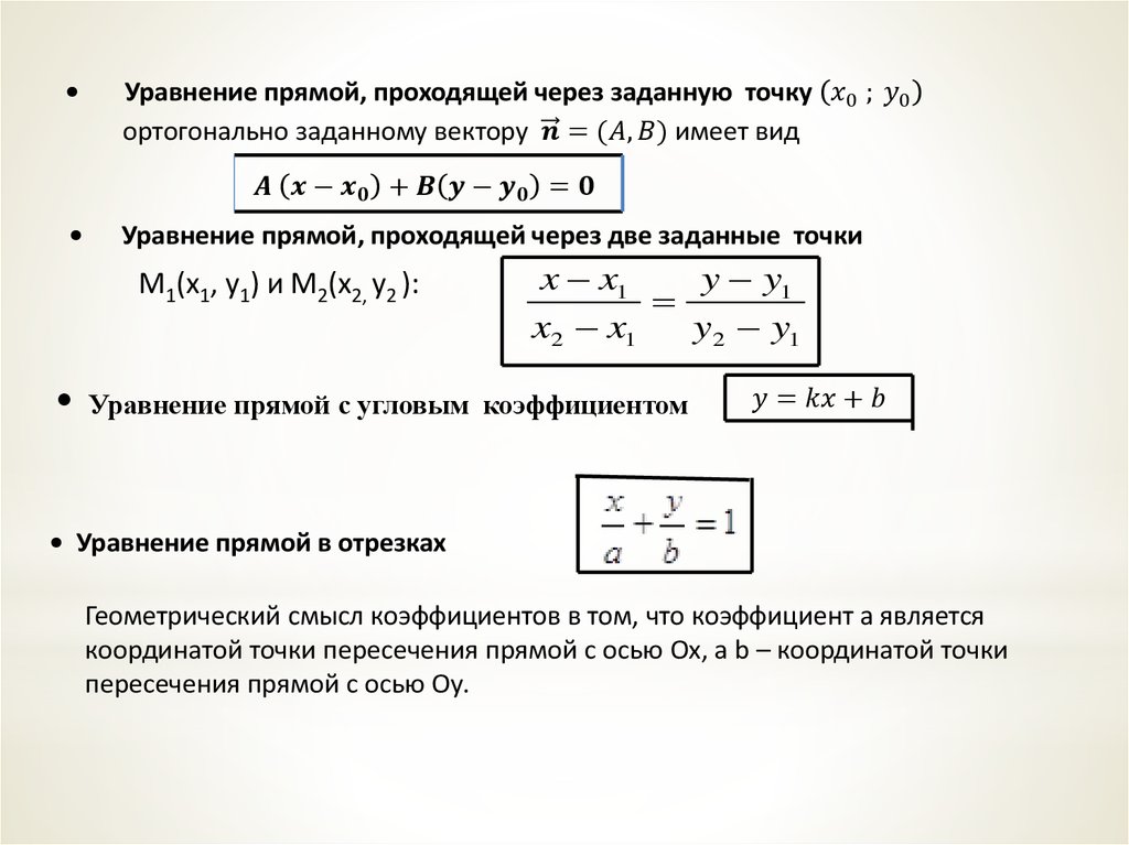 Уравнение в отрезках. Уравнение прямой проходящей через 2 заданные точки. Геометрический смысл коэффициентов в уравнении прямой. Геометрический смысл уравнения прямой. Уравнение прямой смысл коэффициента.