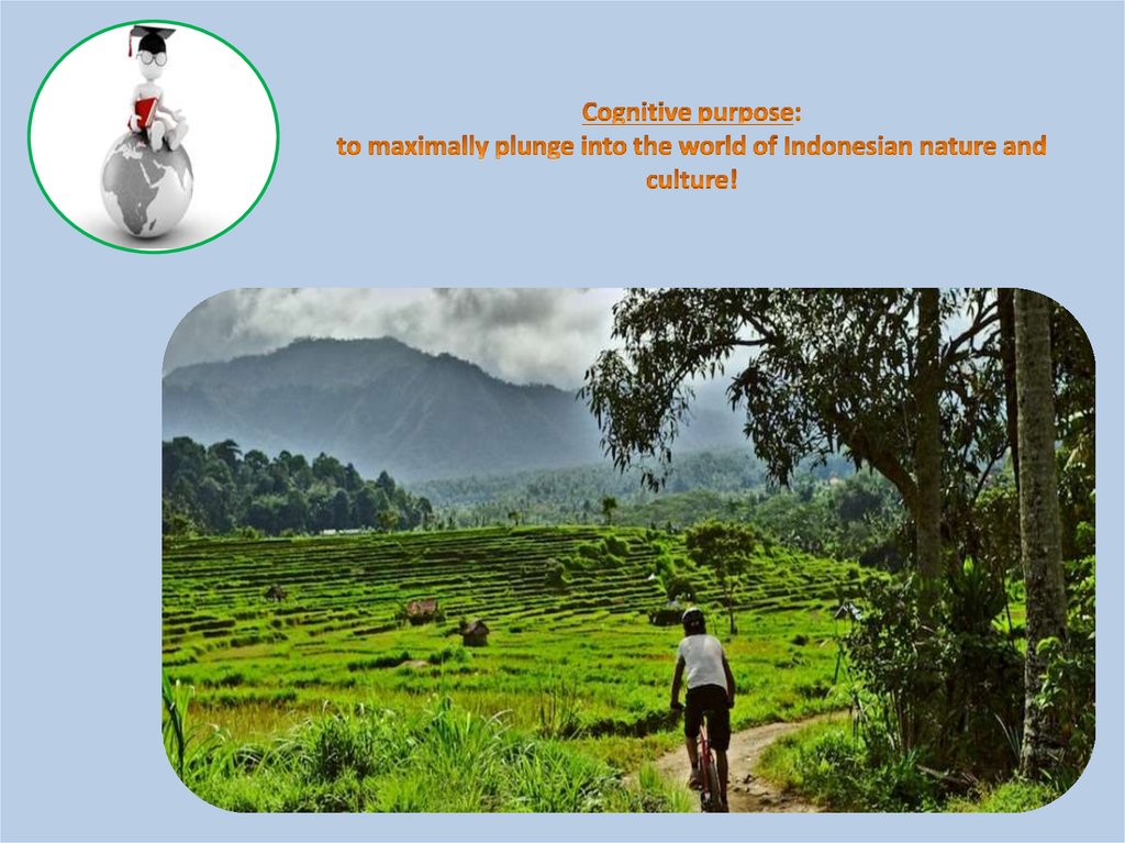 Cognitive purpose: to maximally plunge into the world of Indonesian nature and culture!