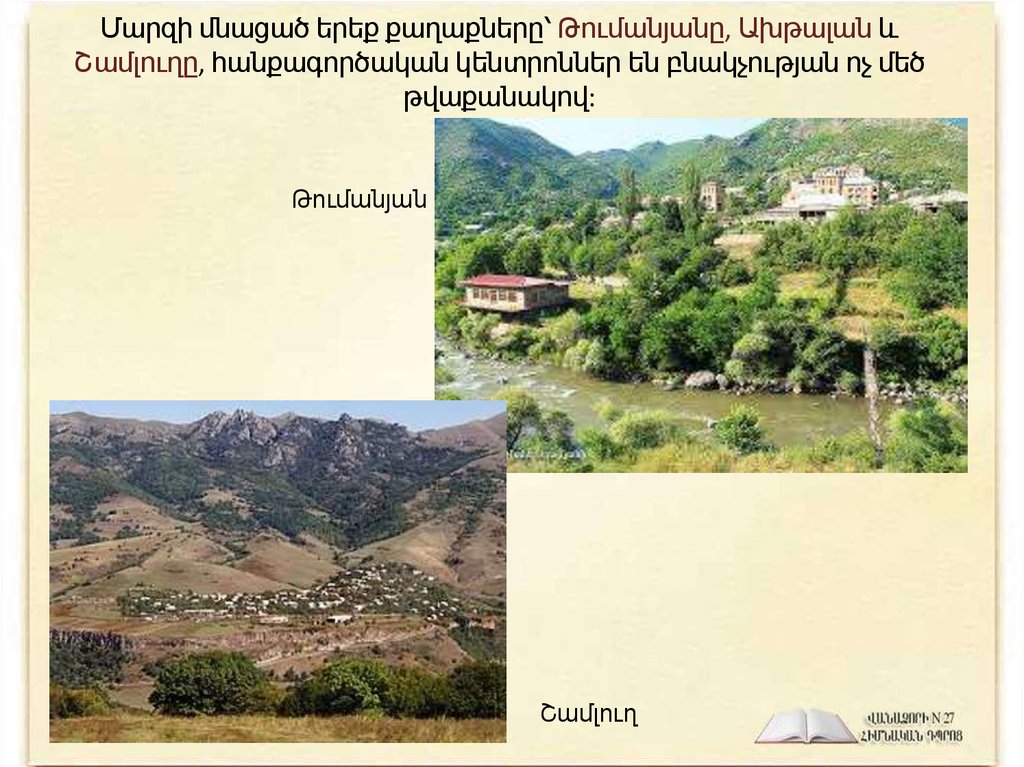 Մարզի մնացած երեք քաղաքները՝ Թումանյանը, Ախթալան և Շամլուղը, հանքագործական կենտրոններ են բնակչության ոչ մեծ թվաքանակով: