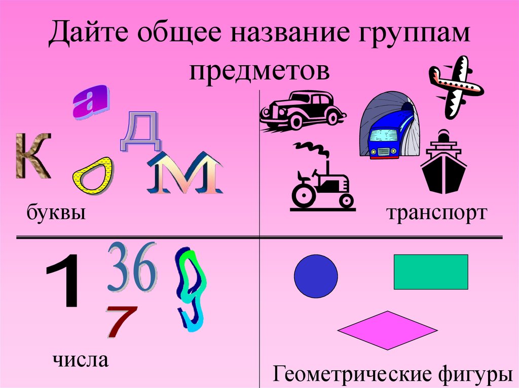 Давай основной. Множество числовое геометрических фигур. Дай название группе предметов. Общее название предметов. Назови общим названием.