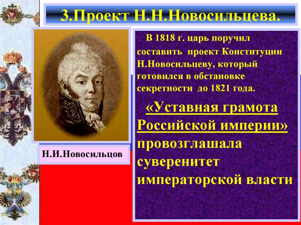 Проект разработан н н новосильцевым. 1818 Проект Конституции Новосильцева. Уставная грамота Российской империи Новосильцева 1818. Проект н. н. Новосильцева. Конституционный проект н.н. Новосильцева.