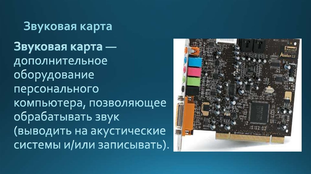 Звуковая карта это дополнительное компьютерное оборудование позволяющее преобразовывать звук