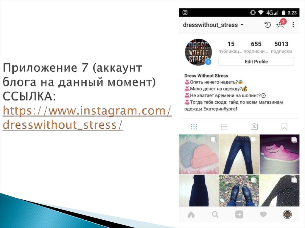 Приложение 7 (аккаунт блога на данный момент) ССЫЛКА: https://www.instagram.com/dresswithout_stress/